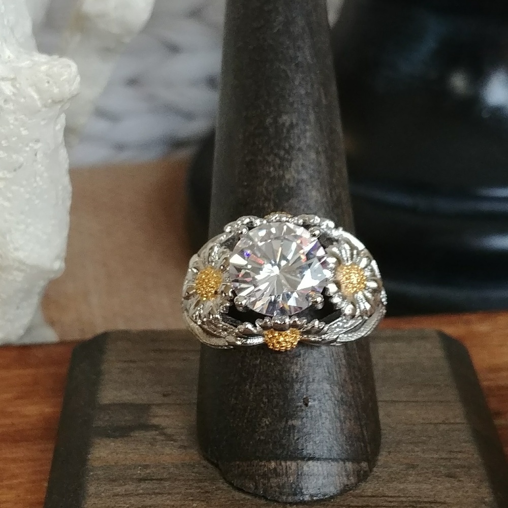 2-Tone Daisy CZ Fashion Ring - Picture 2 of 5